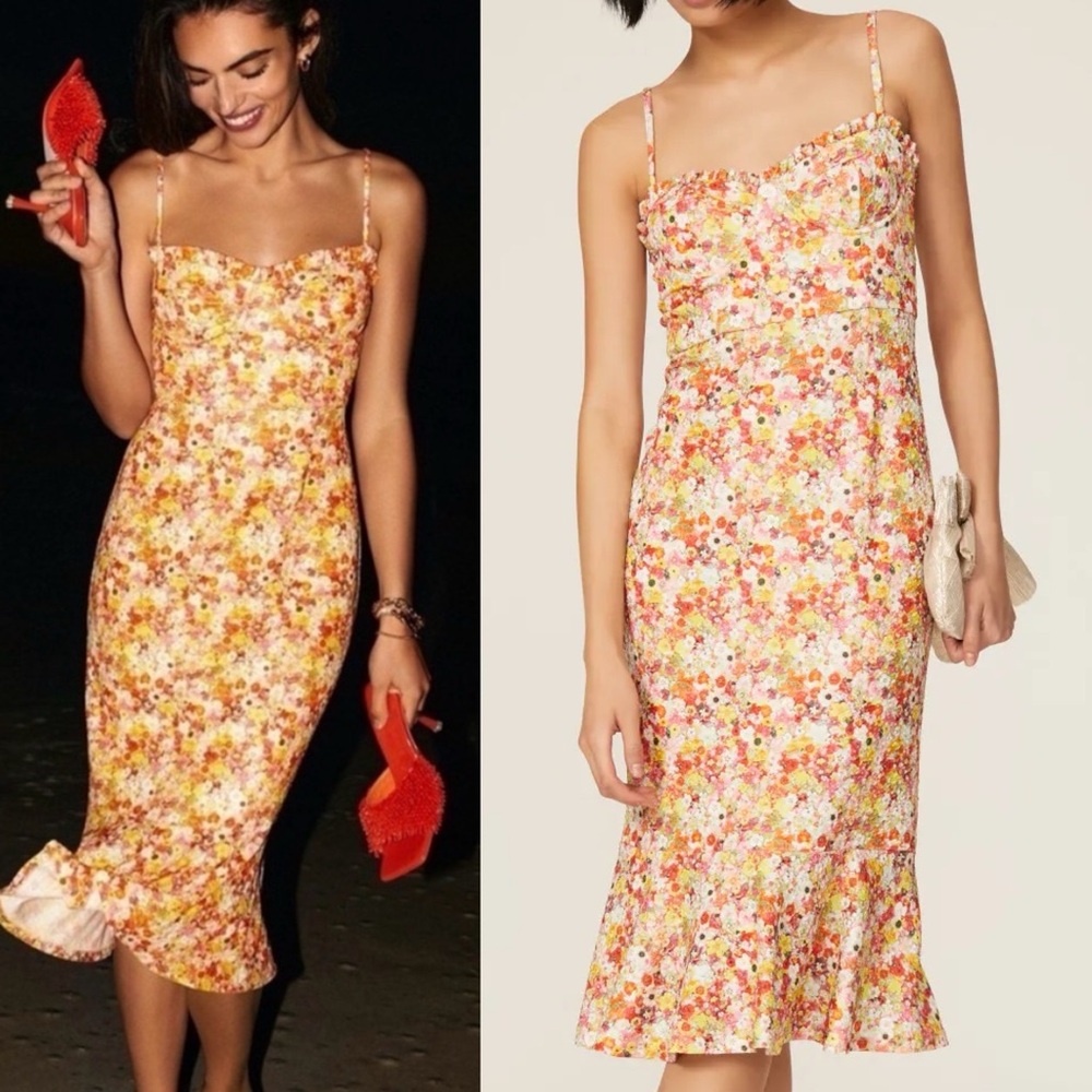 Anthropologie Sunny Floral Midi Dress in Yellow, Pink, Orange